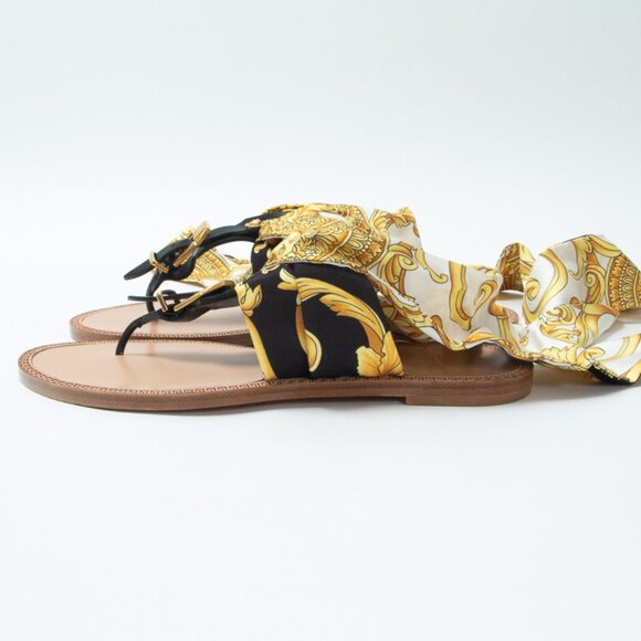 NIB Versace Medusa Ankle Wrap Silk Sash Barocco Sandals Flats Black & Gold, 37 - Picture 8 of 16